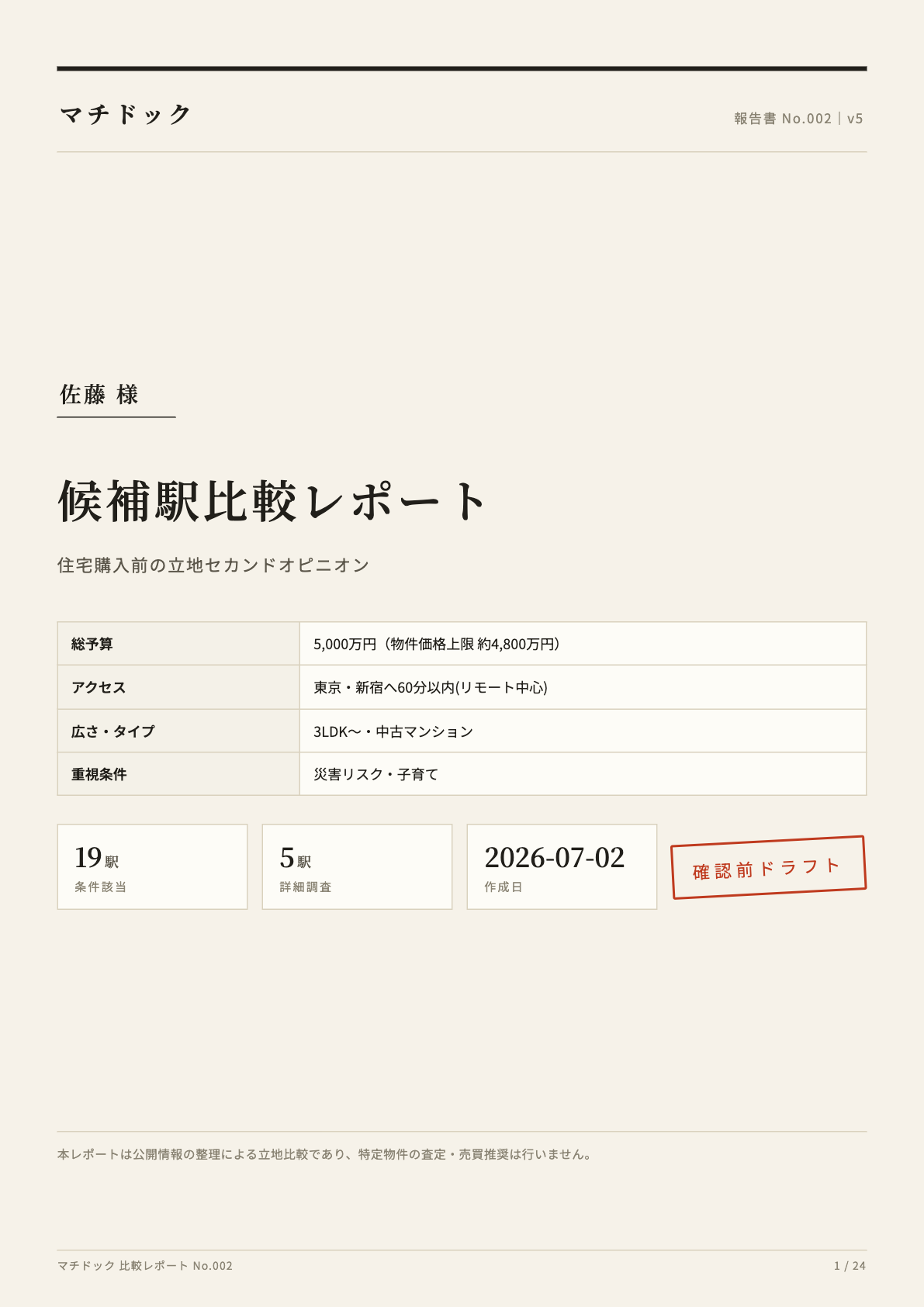 候補駅比較レポートの表紙サンプル